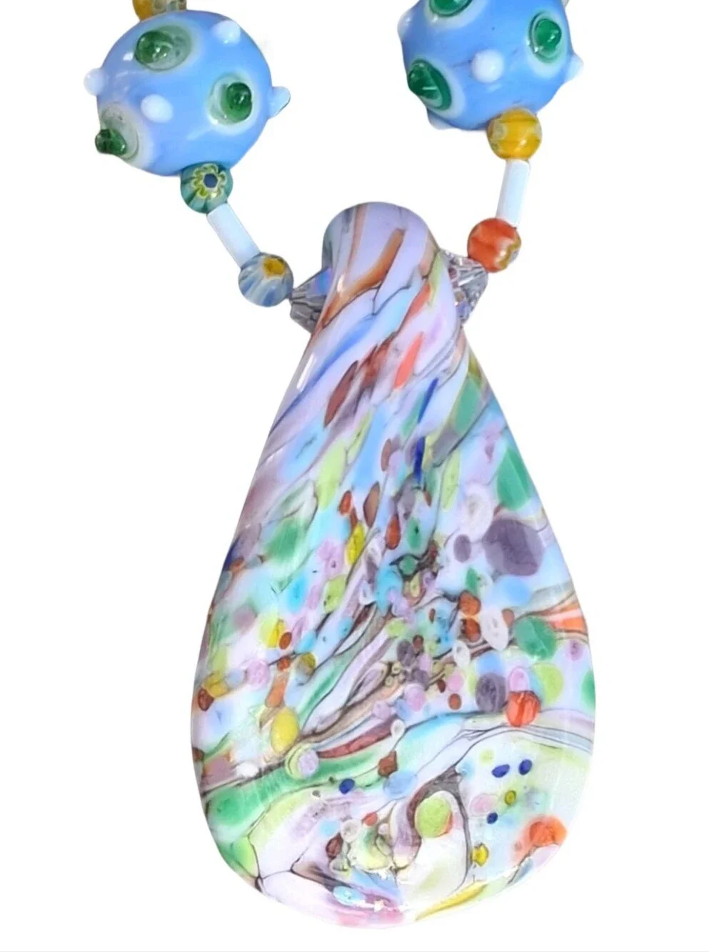 Vintage Art Glass Teardrop Pendant Necklace Sterling Silver 925 Clasp